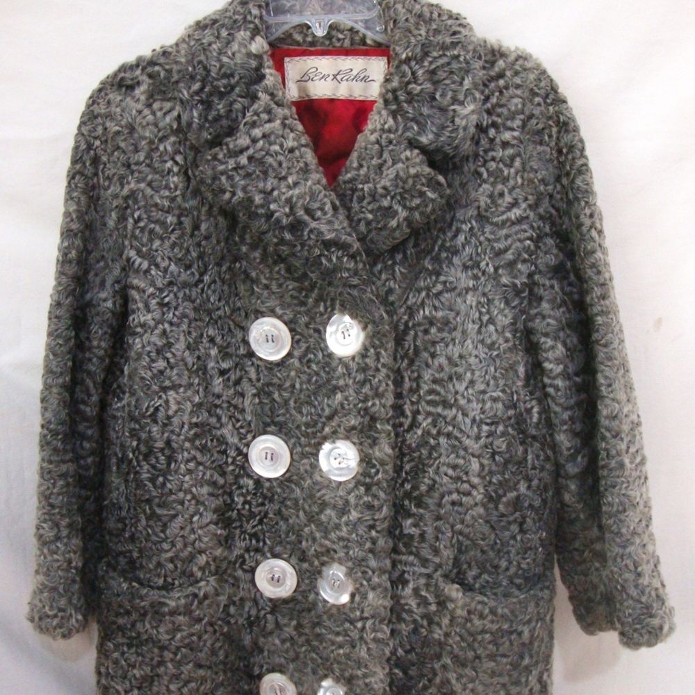 Vintage BEN KAHN Curly Persian Lamb Pea Coat Gray M L Button Lined RARE FIND